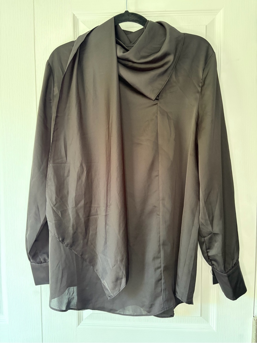 Chico's Black Satin Draped Scarf-Neck Blouse | Chico's Size 2 (US 12/14)